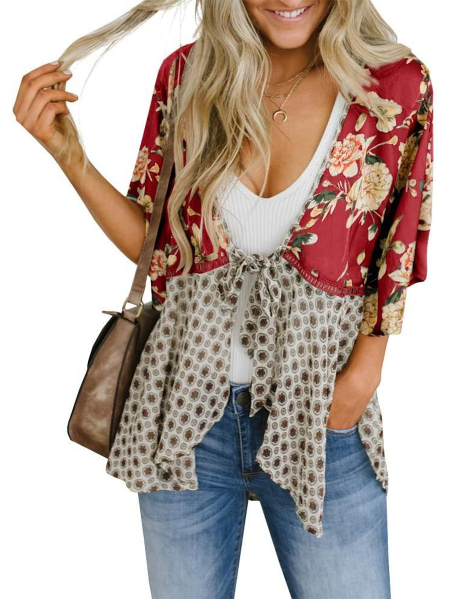 🌸Dámske kvetinové kimono s volánkovými rukávmi a viazaním – vzdušné voľné prikrývky v štýle boho