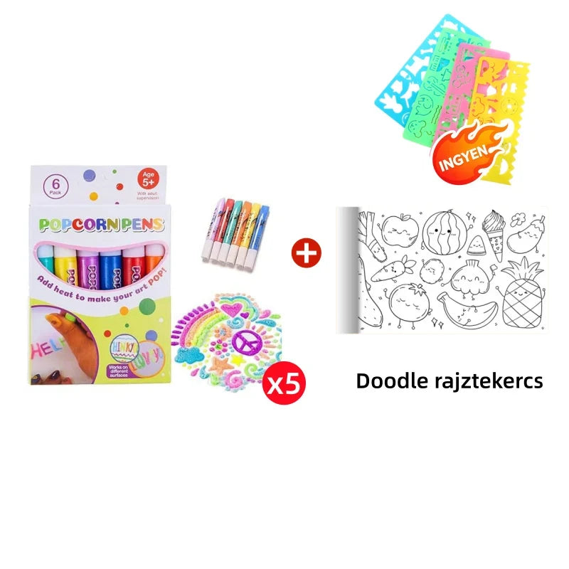 🖊️ Kúzelné pero – 3D kreslenie jediným ťahom! Kresliace perá na popcorn s bublinkami ✨