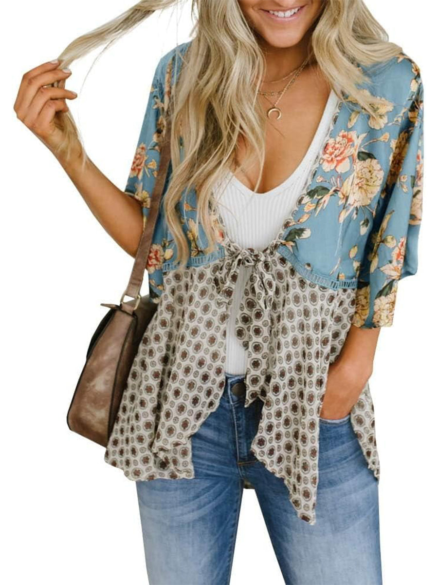 🌸Dámske kvetinové kimono s volánkovými rukávmi a viazaním – vzdušné voľné prikrývky v štýle boho