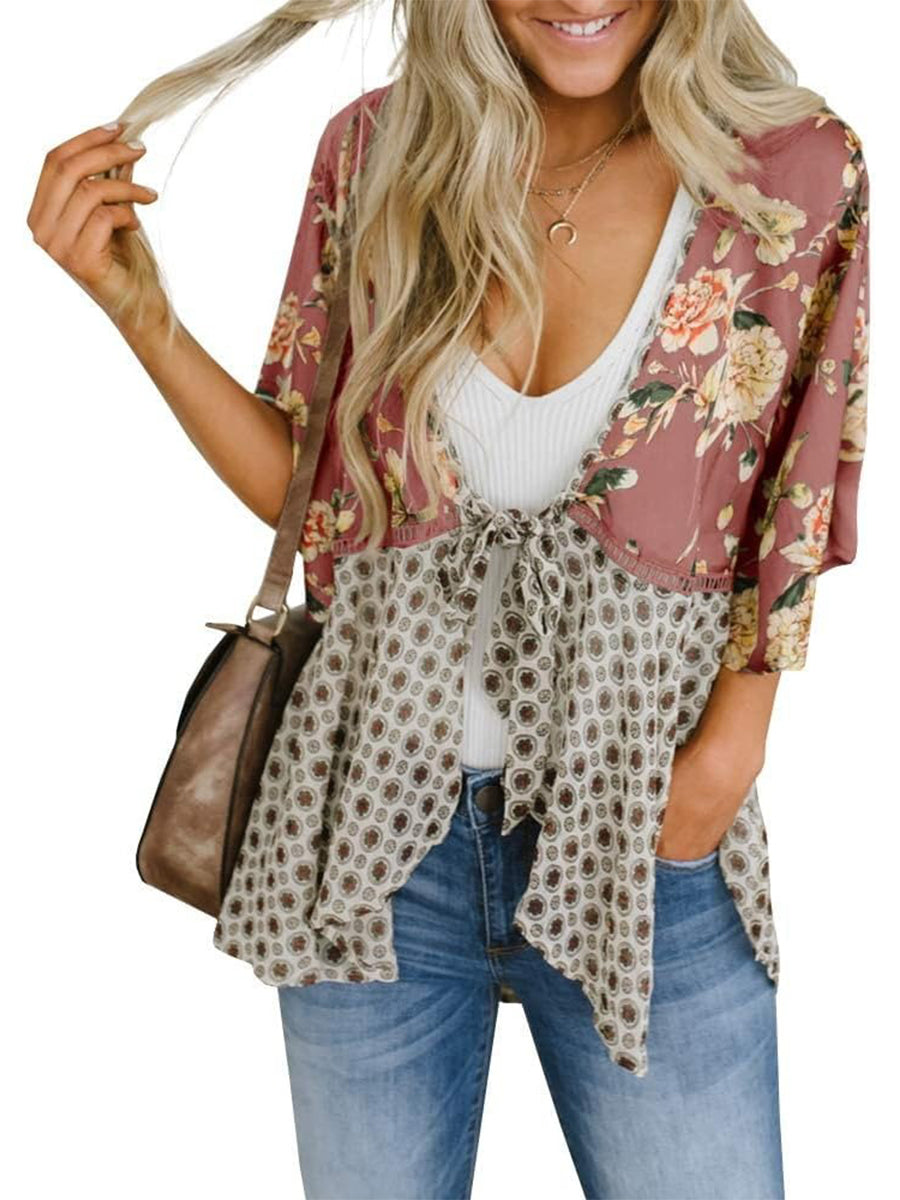 🌸Dámske kvetinové kimono s volánkovými rukávmi a viazaním – vzdušné voľné prikrývky v štýle boho