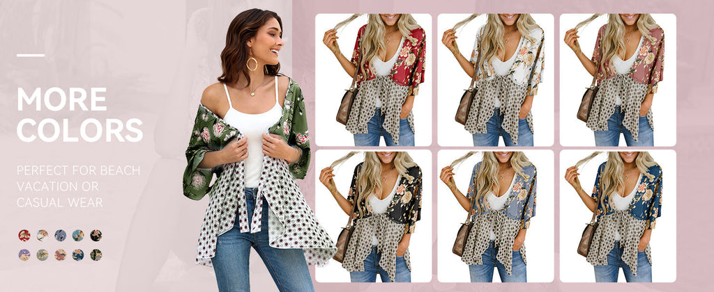 🌸Dámske kvetinové kimono s volánkovými rukávmi a viazaním – vzdušné voľné prikrývky v štýle boho