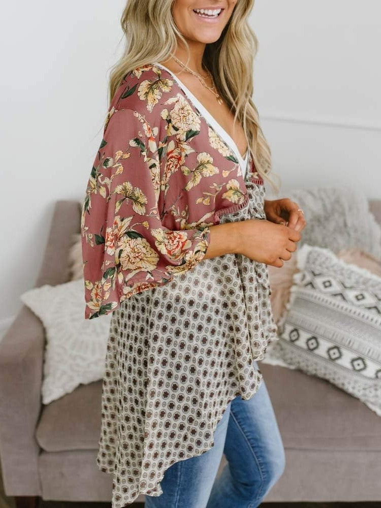 🌸Dámske kvetinové kimono s volánkovými rukávmi a viazaním – vzdušné voľné prikrývky v štýle boho