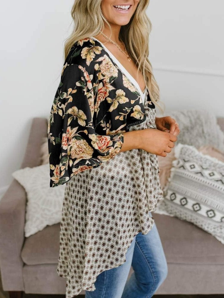 🌸Dámske kvetinové kimono s volánkovými rukávmi a viazaním – vzdušné voľné prikrývky v štýle boho