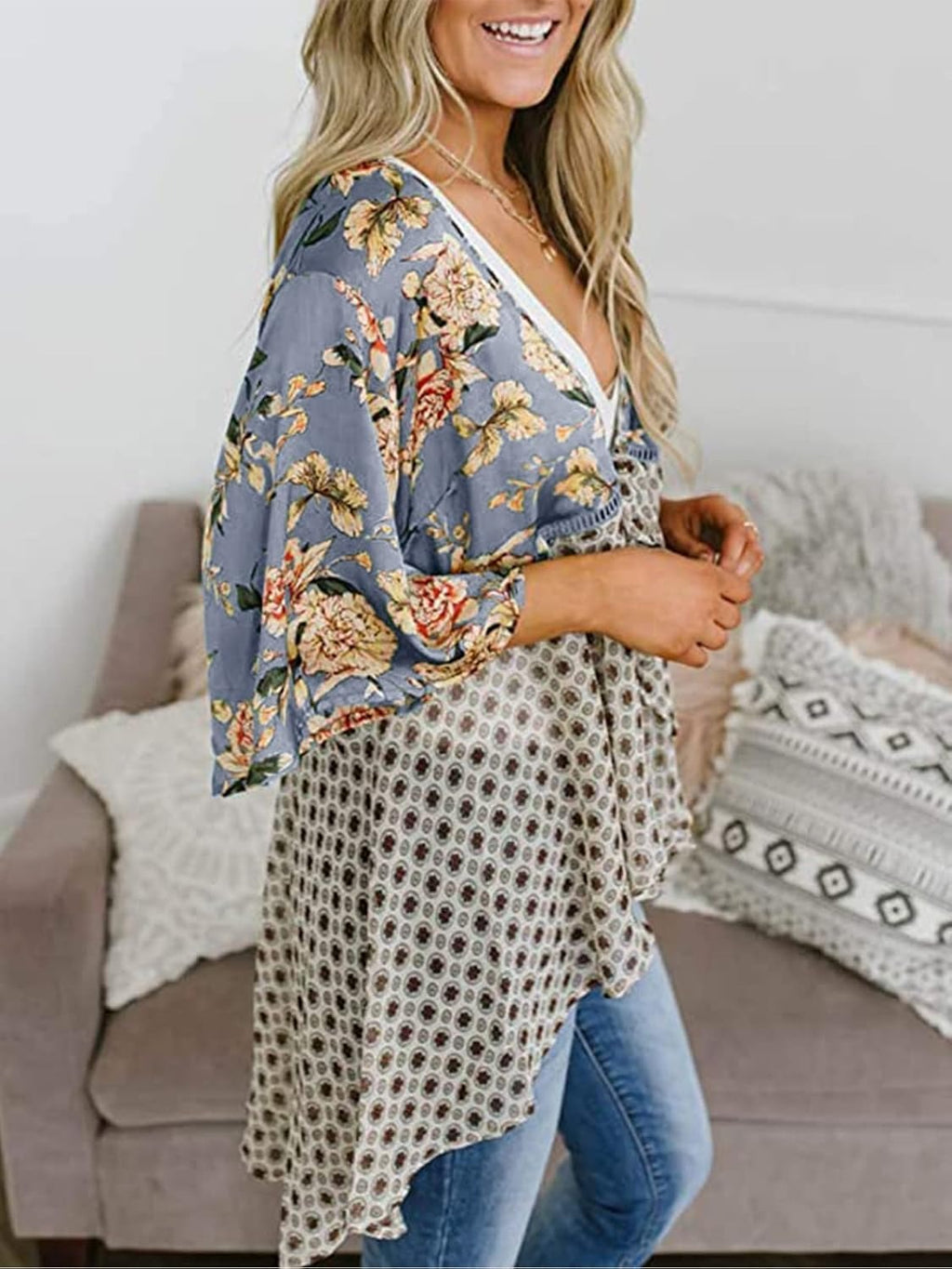 🌸Dámske kvetinové kimono s volánkovými rukávmi a viazaním – vzdušné voľné prikrývky v štýle boho