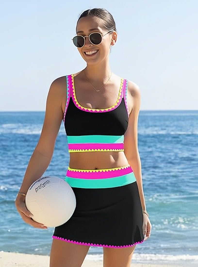 🌼 Trojdielne športové bikiny z nylonu s farebnými blokmi – vysoký pás so zoštíhľujúcim efektom na brucho 👙