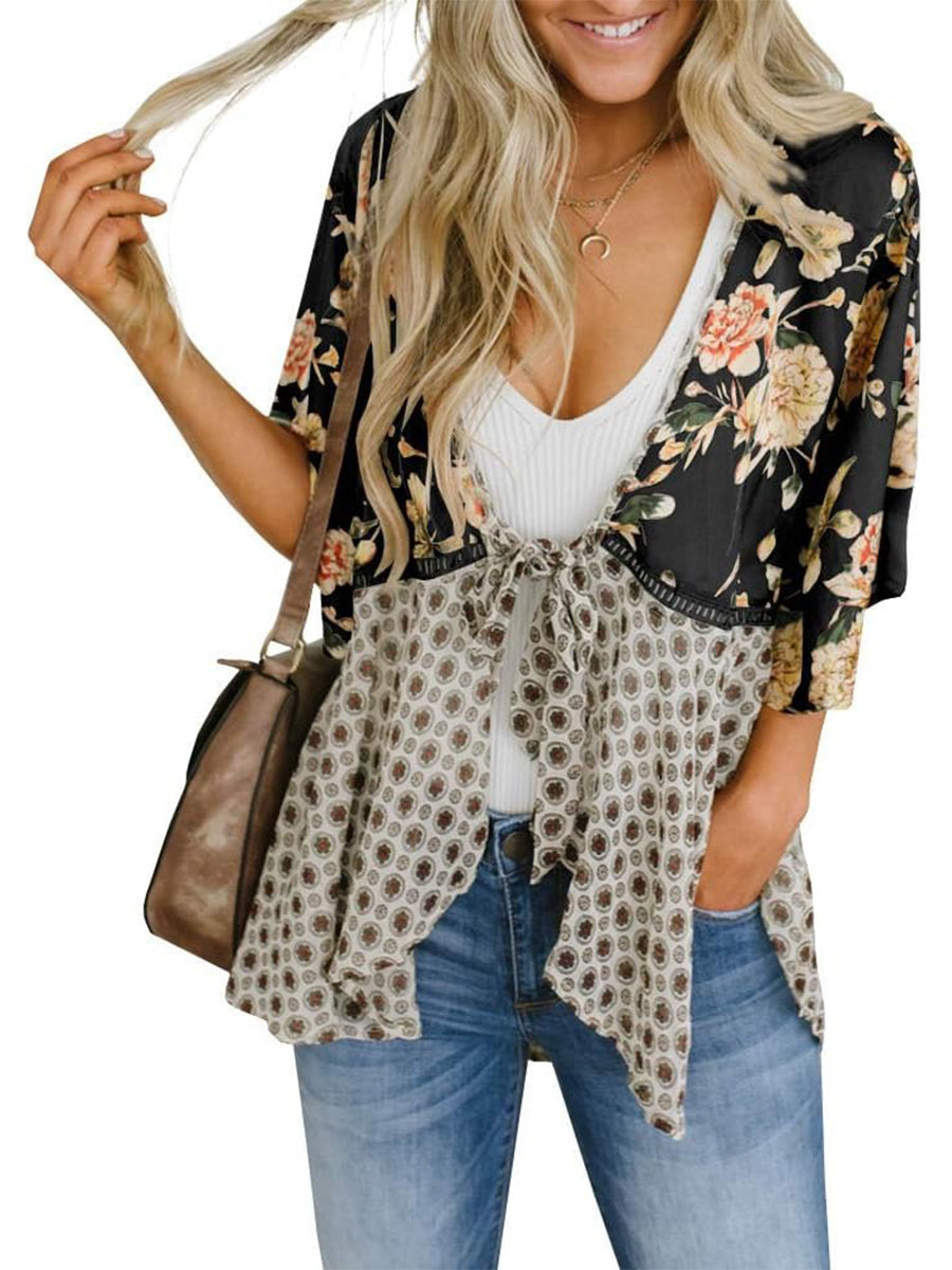 🌸Dámske kvetinové kimono s volánkovými rukávmi a viazaním – vzdušné voľné prikrývky v štýle boho