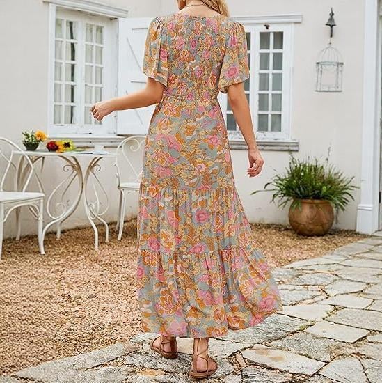 👗Dámske ležérne maxišaty s kvetinovou potlačou, krátkymi volánkovými rukávmi, riasením a vysokým pásom
