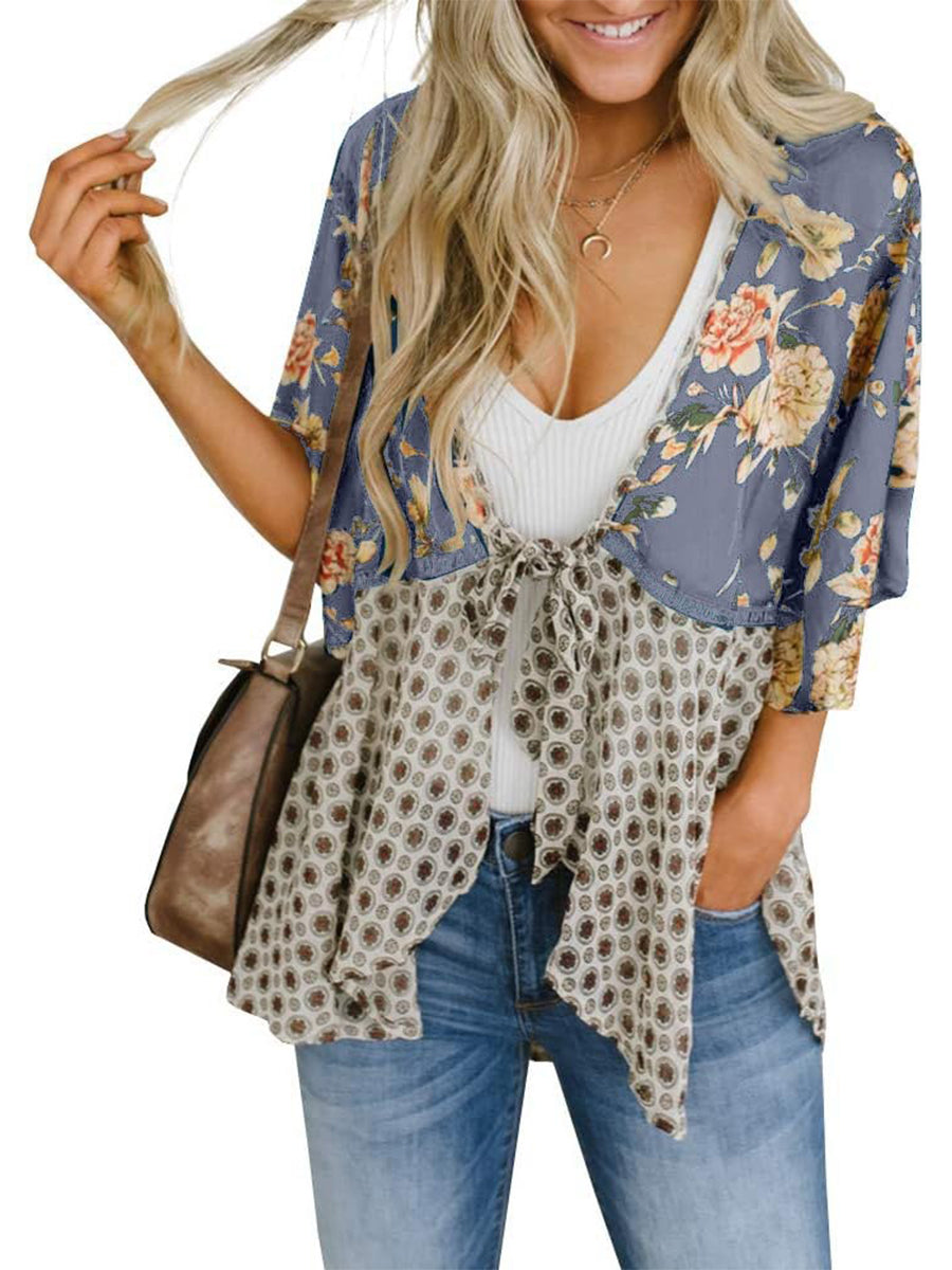 🌸Dámske kvetinové kimono s volánkovými rukávmi a viazaním – vzdušné voľné prikrývky v štýle boho