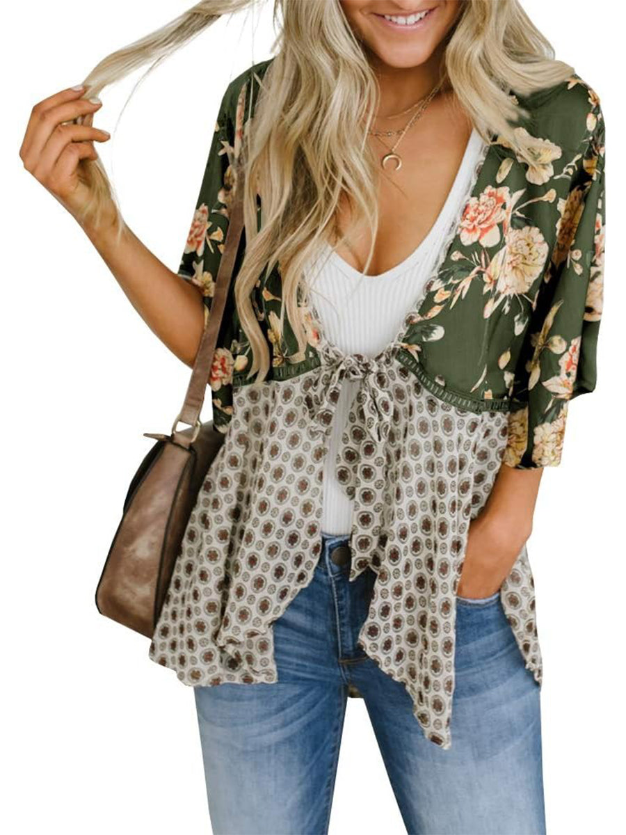 🌸Dámske kvetinové kimono s volánkovými rukávmi a viazaním – vzdušné voľné prikrývky v štýle boho