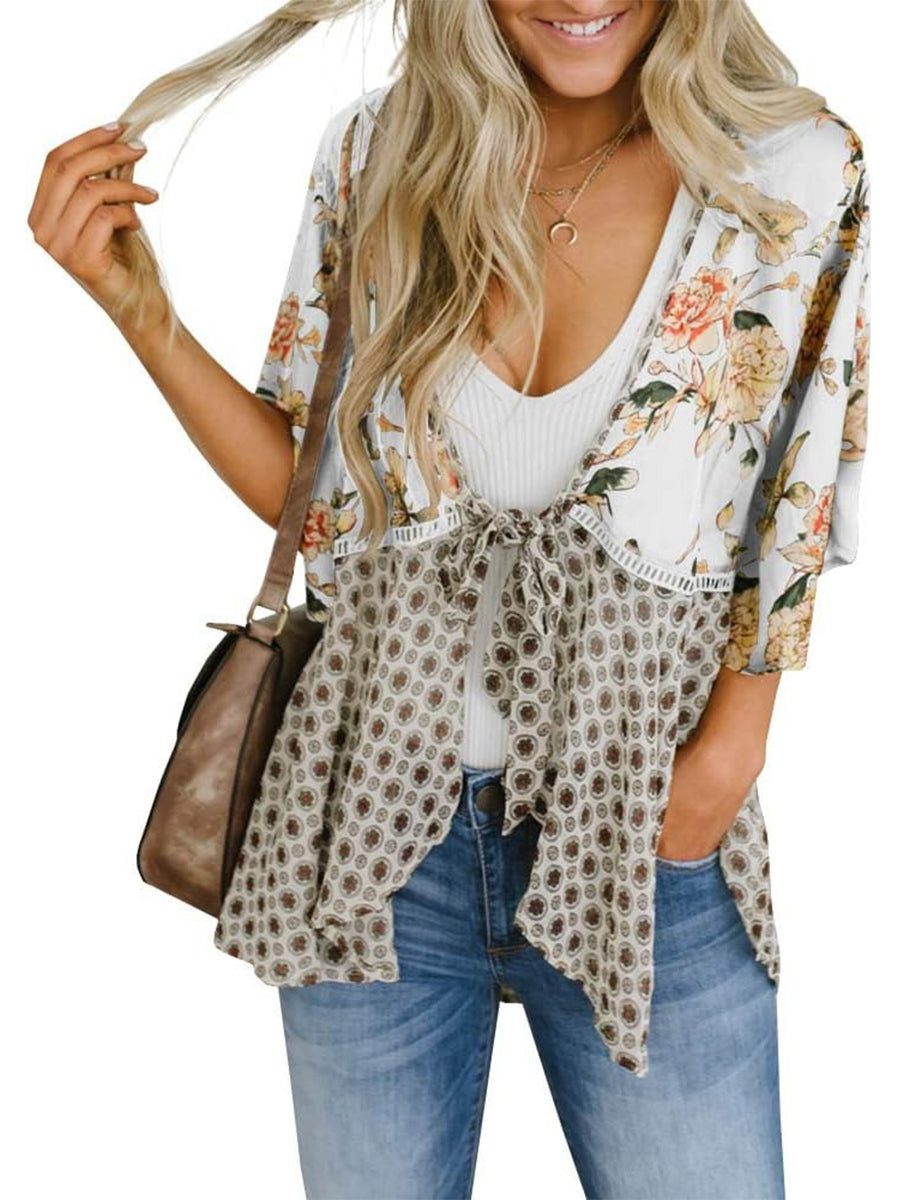 🌸Dámske kvetinové kimono s volánkovými rukávmi a viazaním – vzdušné voľné prikrývky v štýle boho
