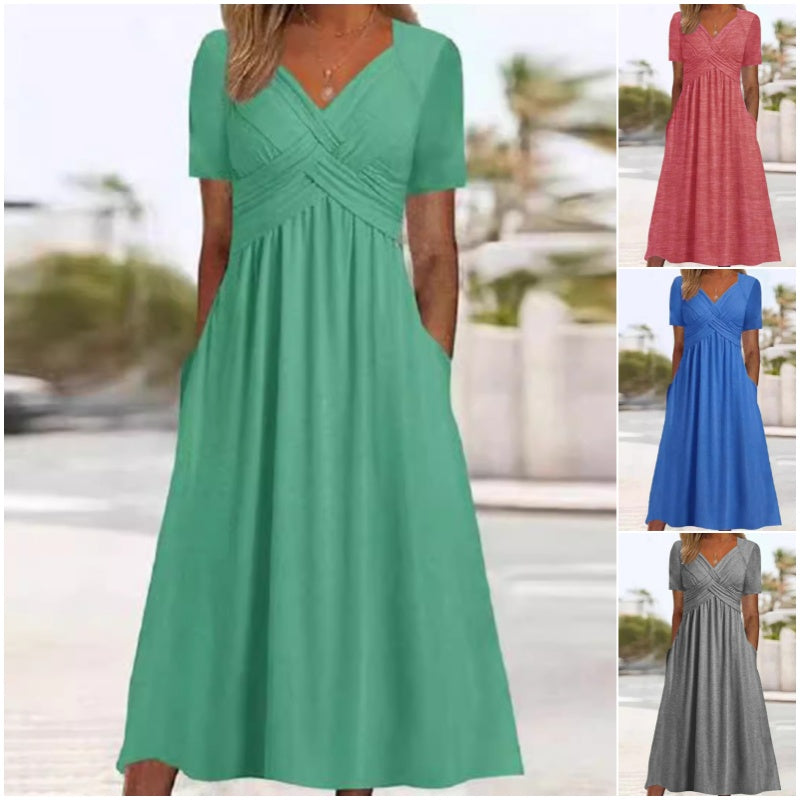 👗 Dámske dlhé šaty s výstrihom do V a krátkymi rukávmi 🌸 Elegantný splývavý strih, pohodlný materiál a nenáročný štýl pre každodenné nosenie