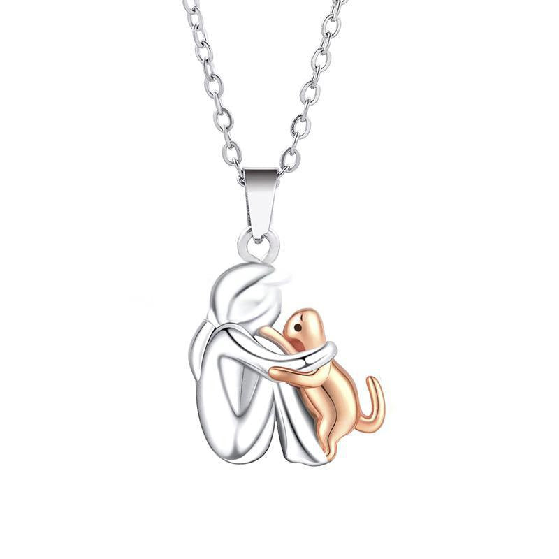 🎀 Dvoubarevný náhrdelník se zlatými prvky – přívěsek s holčičkou a pejskem | Památeční šperk s motivem domácího mazlíčka 🐶❤️✨