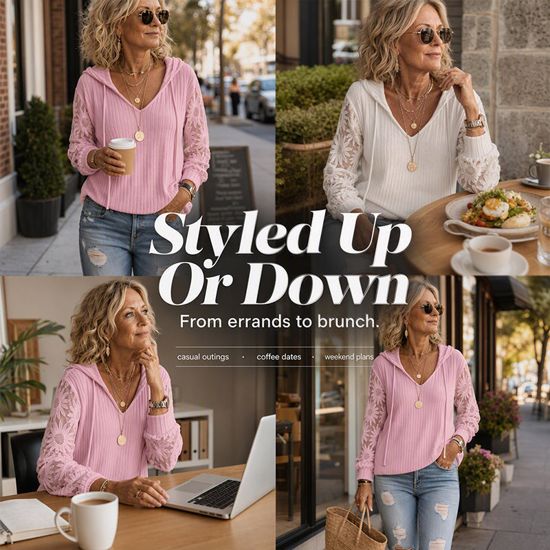 Elegantný čipkový pletený mikina s kapucňou